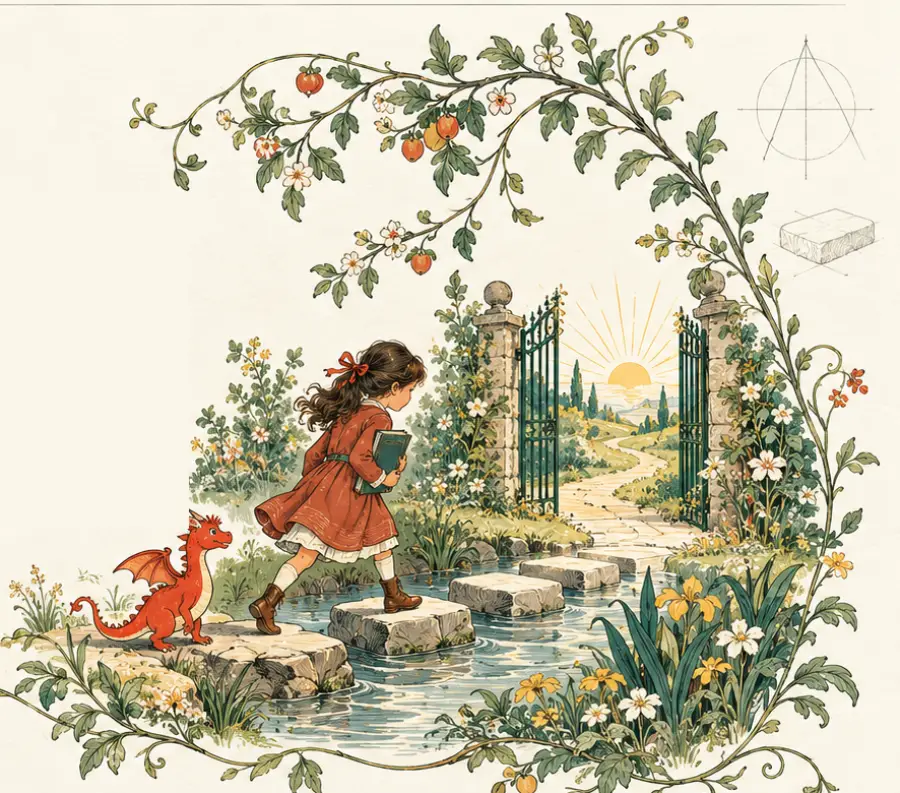 A girl with a book under her arm and a small red dragon crossing stepping stones toward an open garden gate, with a sunrise beyond.